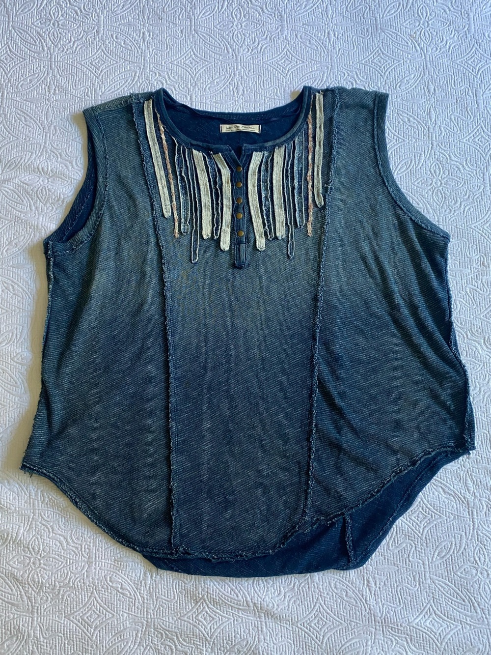 We The Free Navy Sleeveless Fringe Henley Tank
